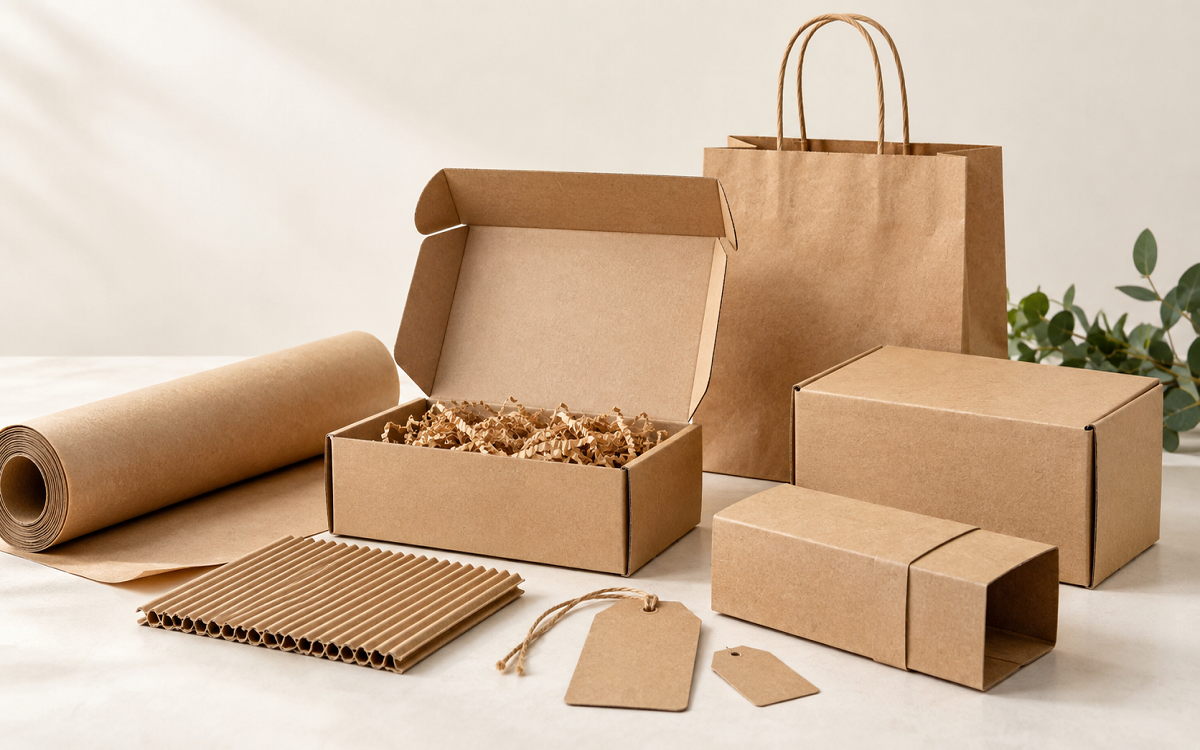 Kraft paper rolls, boxes, shopping bags and corrugated packaging materials