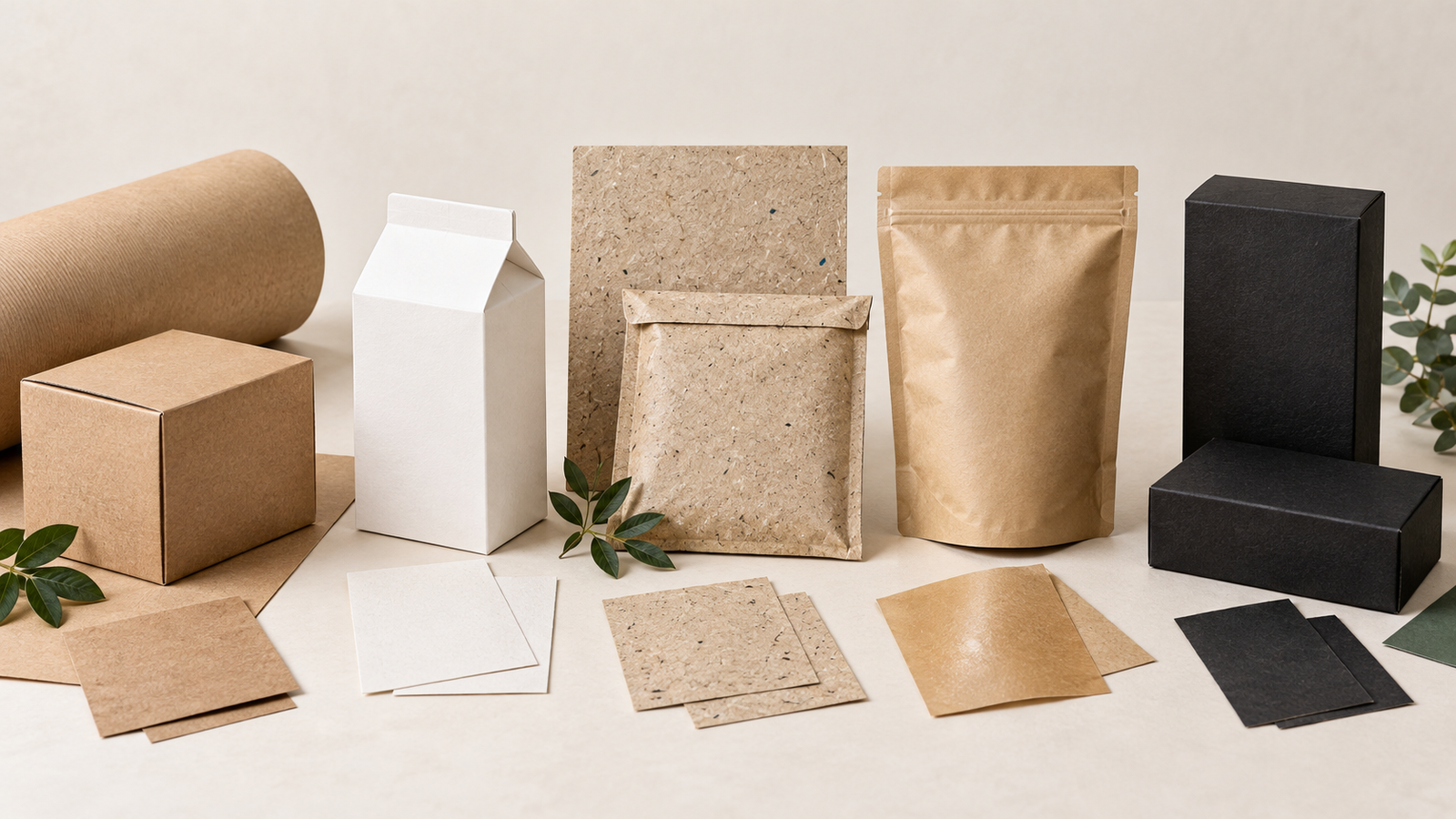 Natural, white, recycled, coated and black kraft paper packaging types