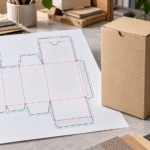 Packaging dieline template beside a finished kraft box