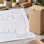 Packaging dieline template beside a finished kraft box