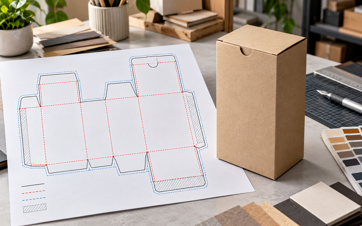 Packaging dieline template beside a finished kraft box