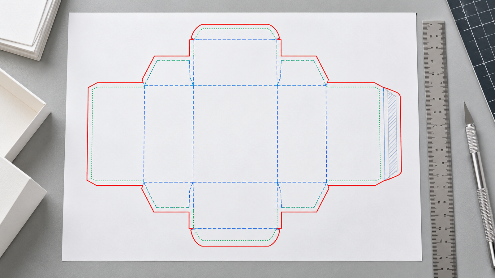 Folding carton dieline showing cut, fold and safe-zone lin