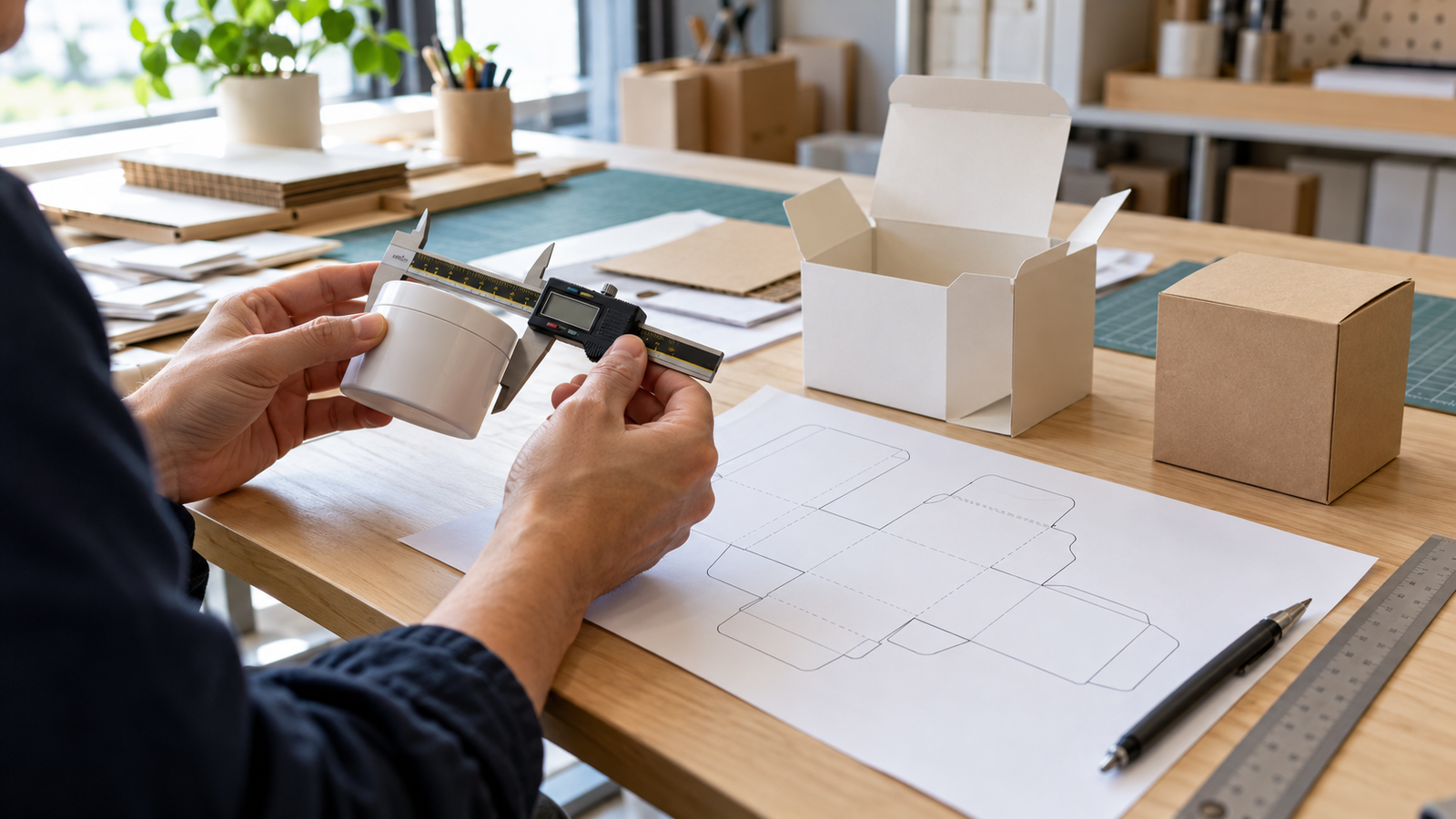 Packaging designer measuring a product and testing a box prototype